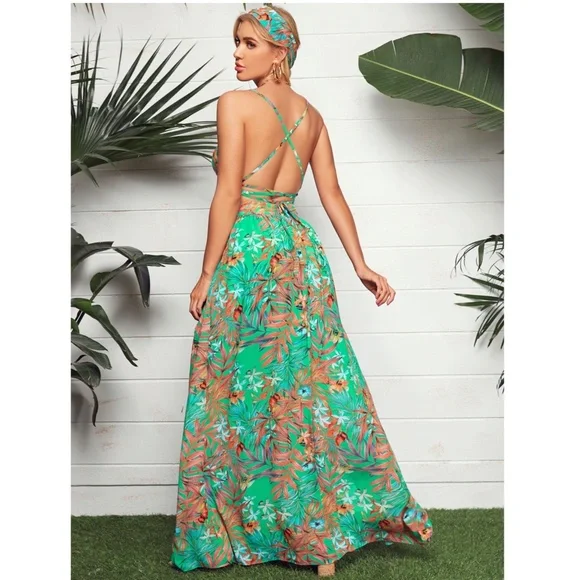 Tropical Print Maxi Dress Green Cut Out Open Back - Picture 2 of 6